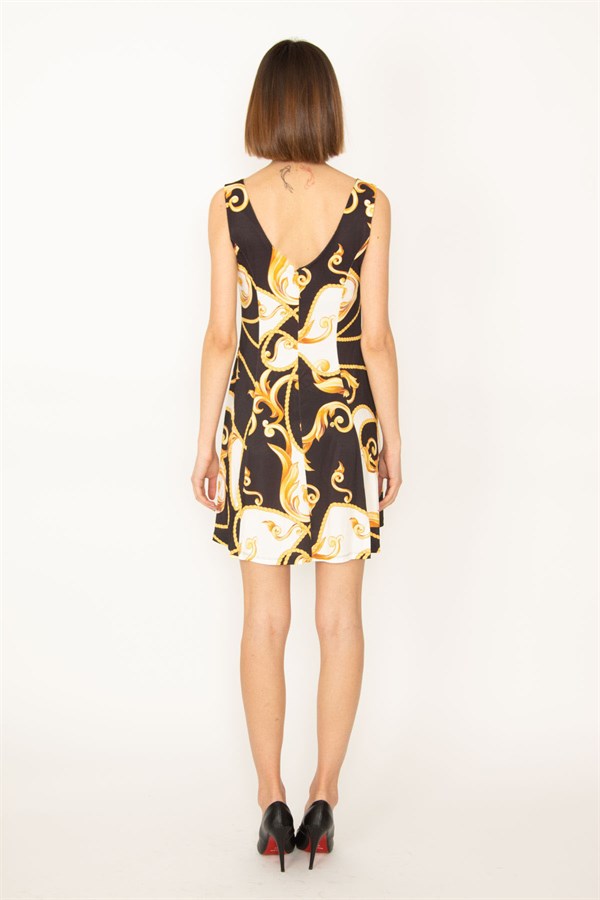 KADIN RENKLİ ÖN ARKA V YAKA DESENLİ ELBİSE