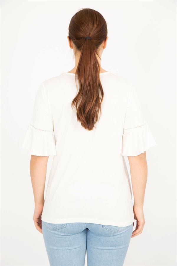 Kadın Kemik Büyük Beden Önü Nakış Ve Kolları Dantel Detaylı V Yaka Bluz