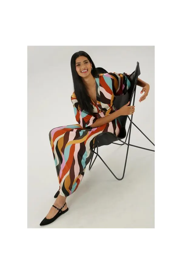 Kadın Büyük Beden Renkli, Ön Gipe Lastik Detaylı Yarasa Kol, Desenli Uzun Elbise 65N38811