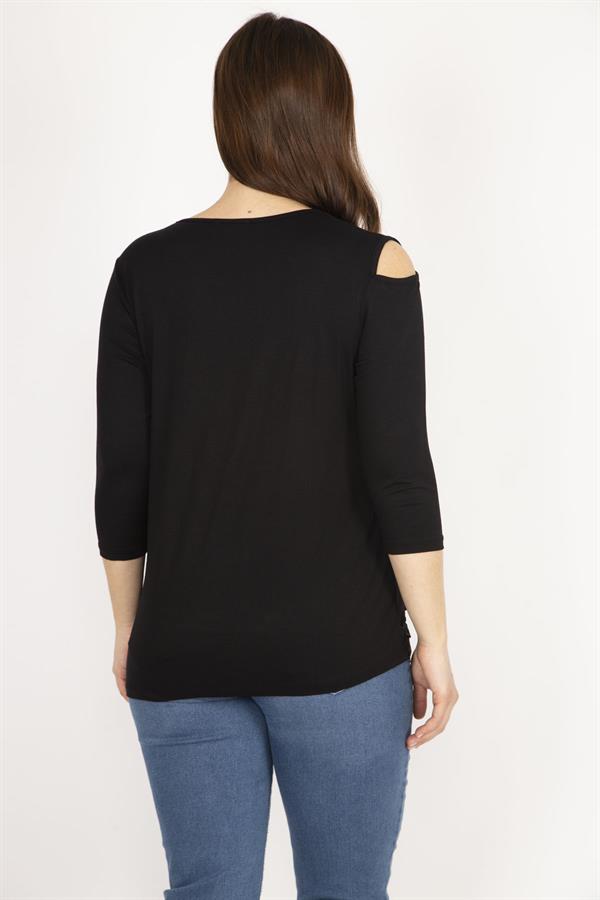 Kadın Siyah Büyük Beden Tek Omuz Dekolteli Etek Ucu Dantel Bluz