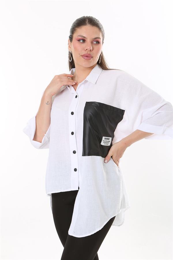 Chemise en similicuir grande taille pour femme, fermeture à boutons-pression, poche et détail sur le devant 65N37698 Chemise en similicuir grande taille pour femme, fermeture à boutons-pression, poche et détail sur le devant 65N37698