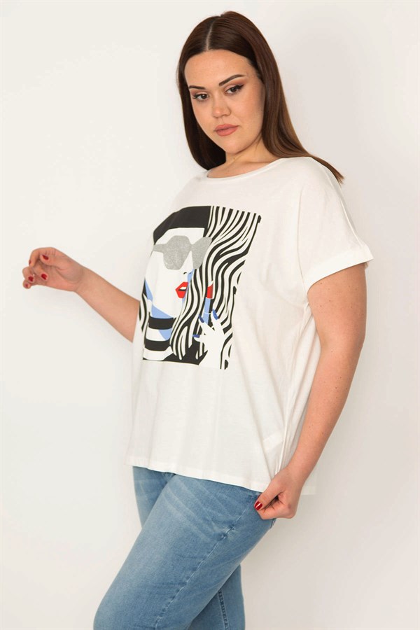 KADIN BEYAZ PAMUKLU KUMAŞ SİM VE BASKI DETAYLI BLUZ