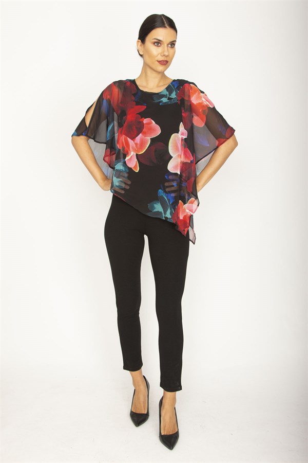 KADIN SİYAH ÜST KISMI ŞİFON PELERİN DETAYLI TULUM