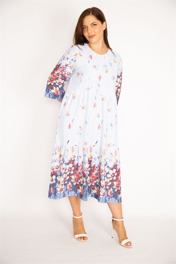 Kadın Mavi Pamuklu Kumaş Katlı Elbise 65N34949