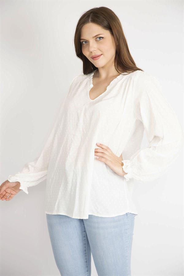 Kadın Kemik Büyük Beden Nopeli Kumaş Yaka Fırfırlı Kol Ağzı Lastikli Bluz
