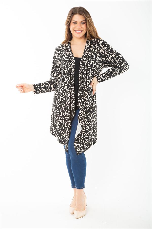 Kadın Büyük Beden Siyah Uzun Kollu Desenli Viskon Hırka 65N37429