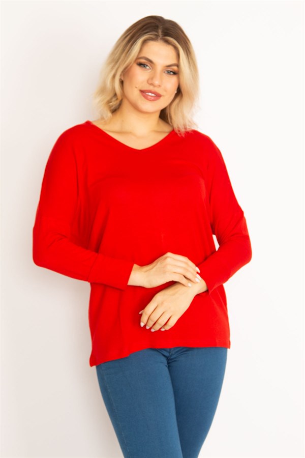 Kadın Kırmızı V Yakalı Yarasa Kol Bluz 65N34684