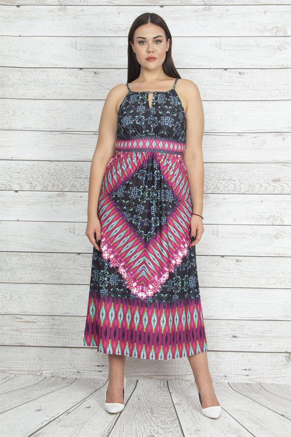 Kadın Renkli Yaka Detaylı Askılı Elbise 65N20426