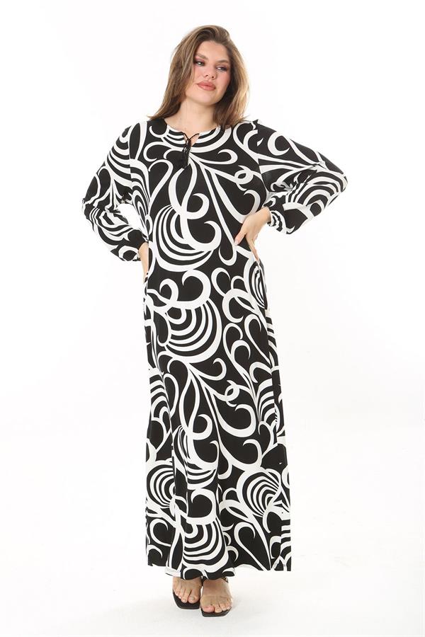 Kadın Büyük Beden Kahve Yaka Bağcıklı Uzun Kollu Maksi Boy Elbise 65N37866