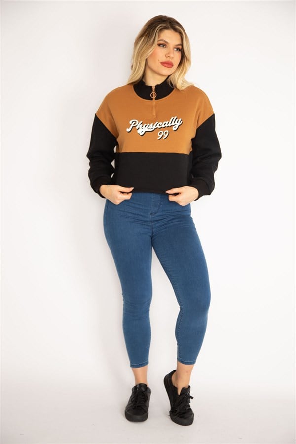 Women's Tan, Ribbed, 3-Thread Collar, Zippered, Two-Tone Sweatshirt 65N35066