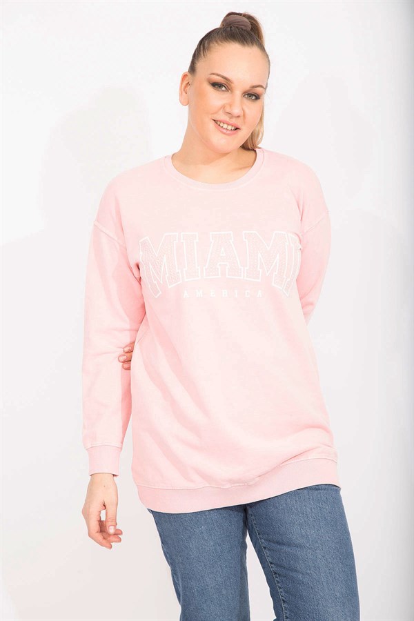 Kadın Pembe Pamuklu Kumaş Taş Ve Baskı Detaylı Sweatshirt 65N35482