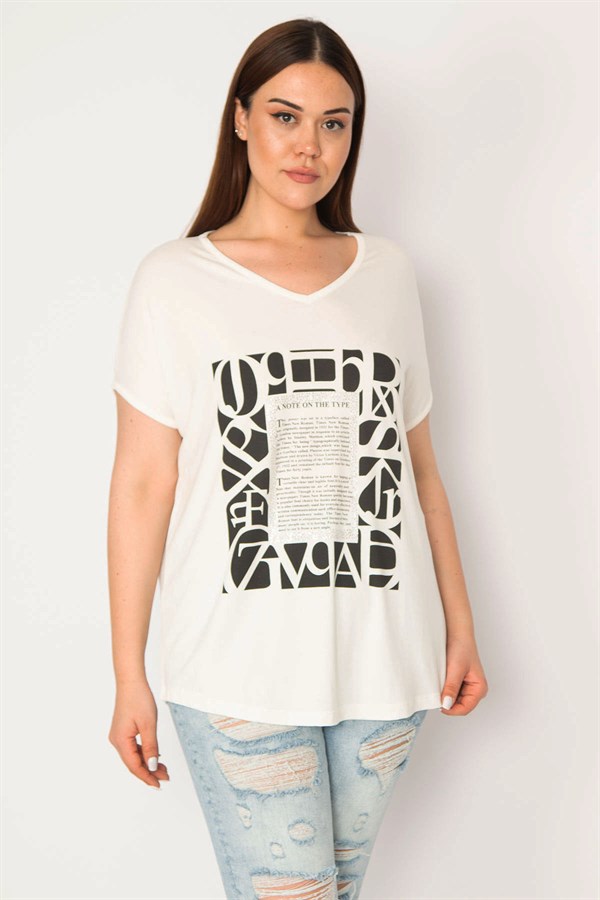 KADIN KEMİK V YAKALI ÖNÜ BASKI VE TAŞ DETAYLI KISA KOLLU BLUZ