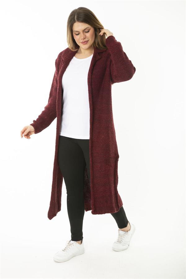 Kadın Büyük Beden Bordo Yırtmaçlı Kalın Triko Uzun Hırka 65N37131