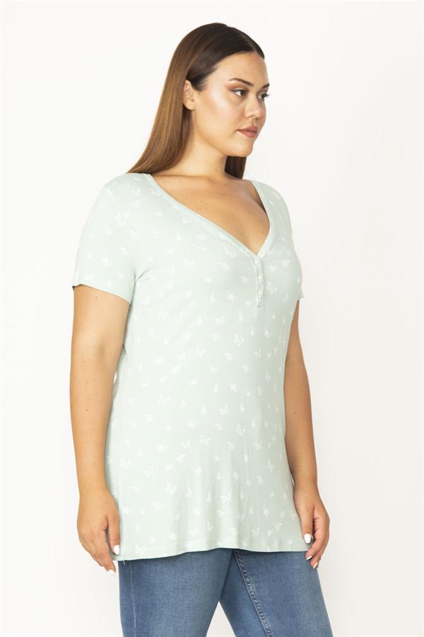 Kadın Yeşil Patı Düğmeli V Yakalı Kelebek Baskılı Bluz 65N28040