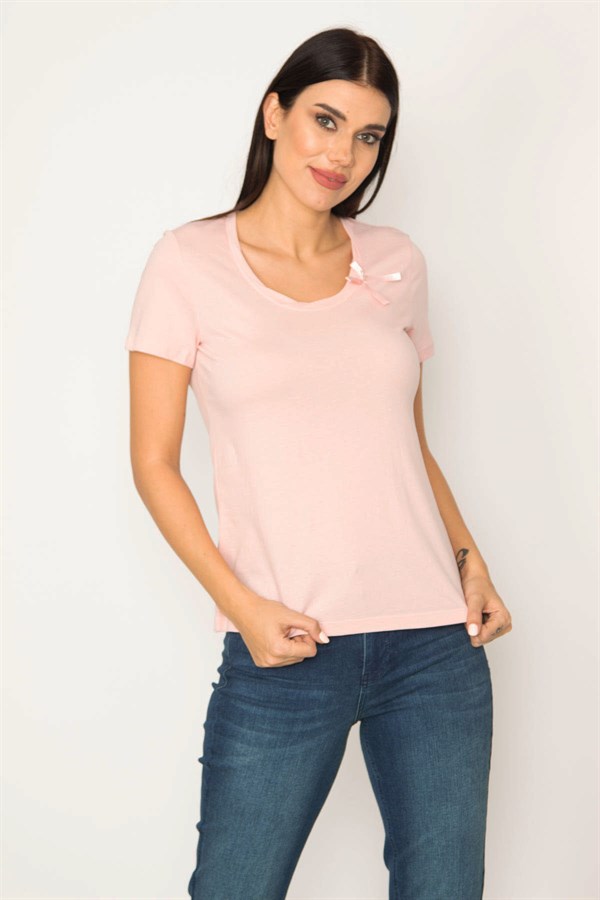 WOMEN'S PINK COTTON FABRIC V-NECK BLOUSE