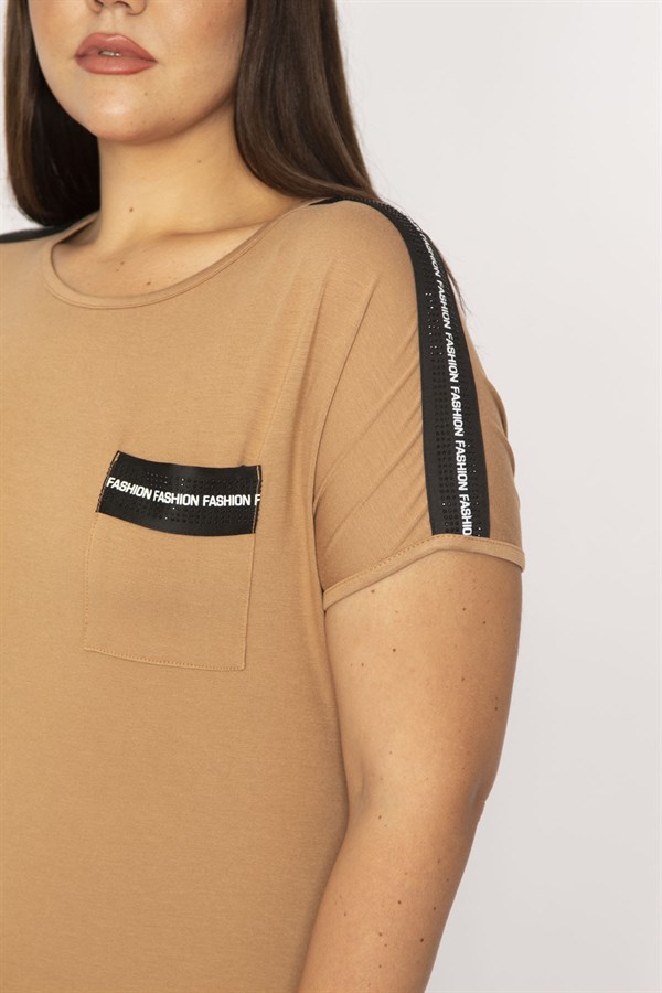 Kadın Bej Omuz Ve Cep Ağzı Taş Detaylı Viskon Bluz 65N29286