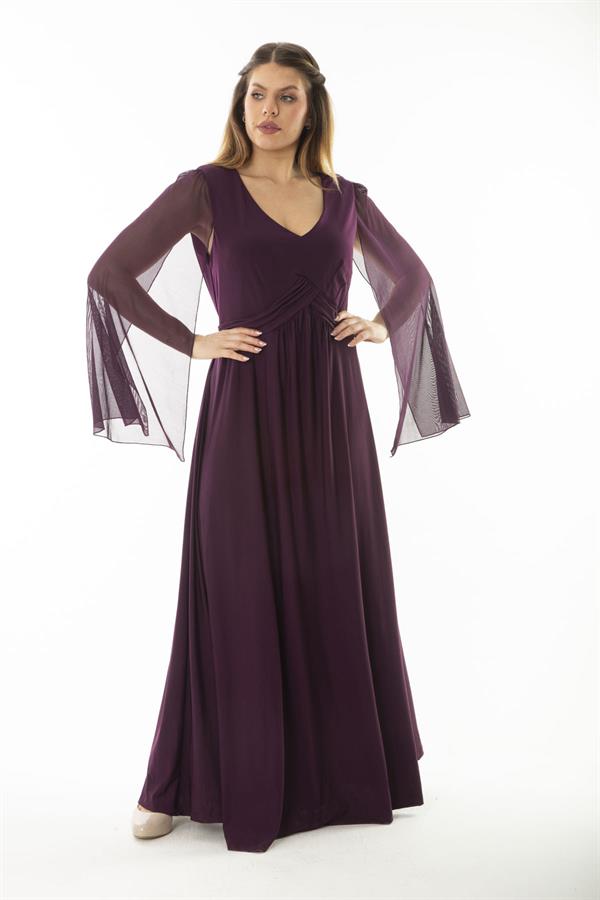 Kadın Büyük Beden Lacivert Bel Detaylı Kolları Tül Abiye Elbise 65N37065