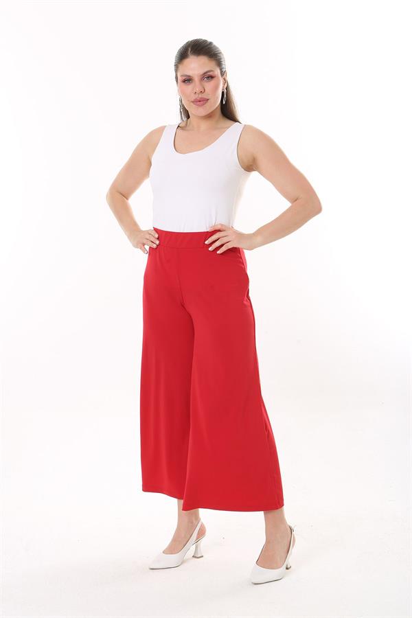 Kadın Büyük Beden Kırmızı Geniş Paçalı Beli Lastikli Likralı Sandy Kumaş Pantolon 65N37443