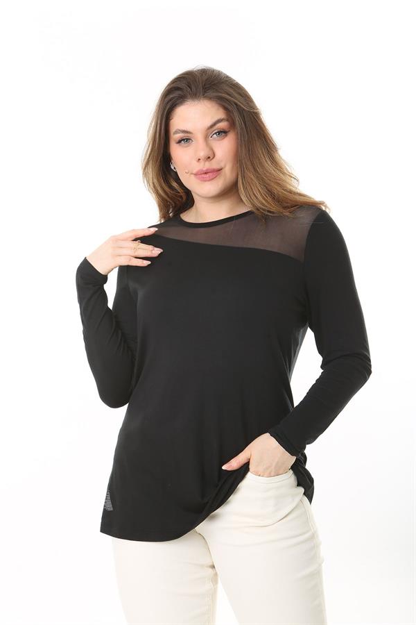 Kadın Büyük Beden Siyah Ön Ve Arka Yakası Tül Detaylı Uzun Kollu Bluz 65N37538