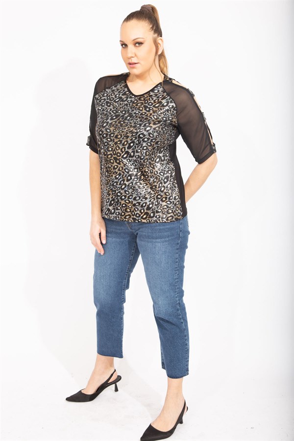 Kadın Siyah Kolları Şifon Detaylı Bluz 65N35468
