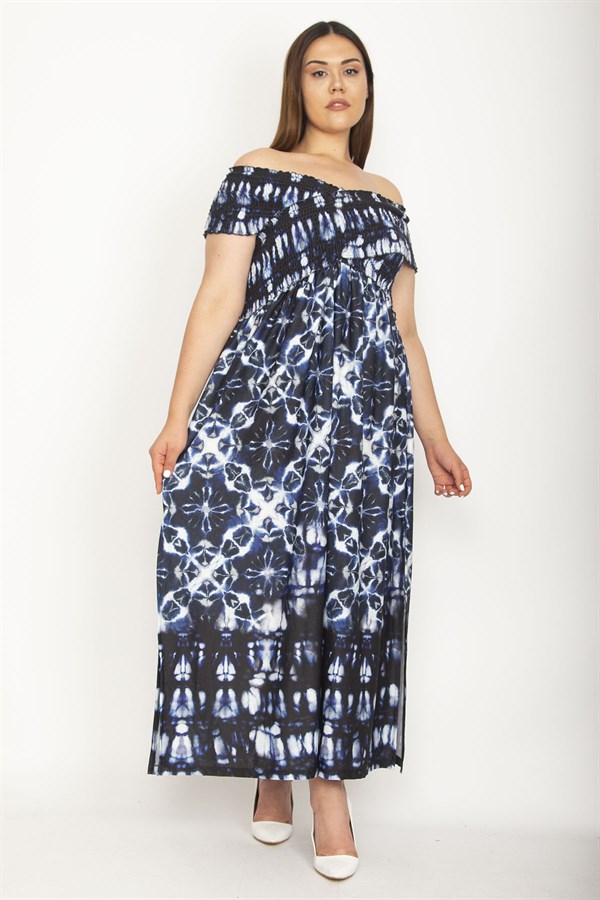 Kadın Fuşya Yakası Geniş Gipe Lastikli Yan Yırtmaçlı Uzun Elbise 65N26897