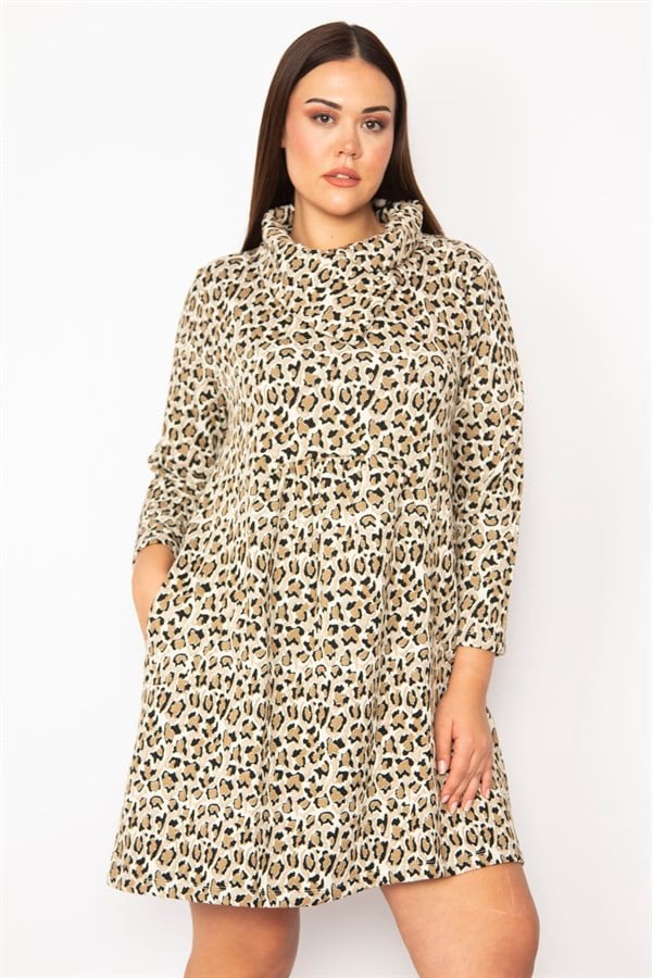 KADIN VİZON YAKA VE ÖN DETAYLI ARKA ORTASI LASTİK BÜZGÜLÜ CEPLİ ELBİSE