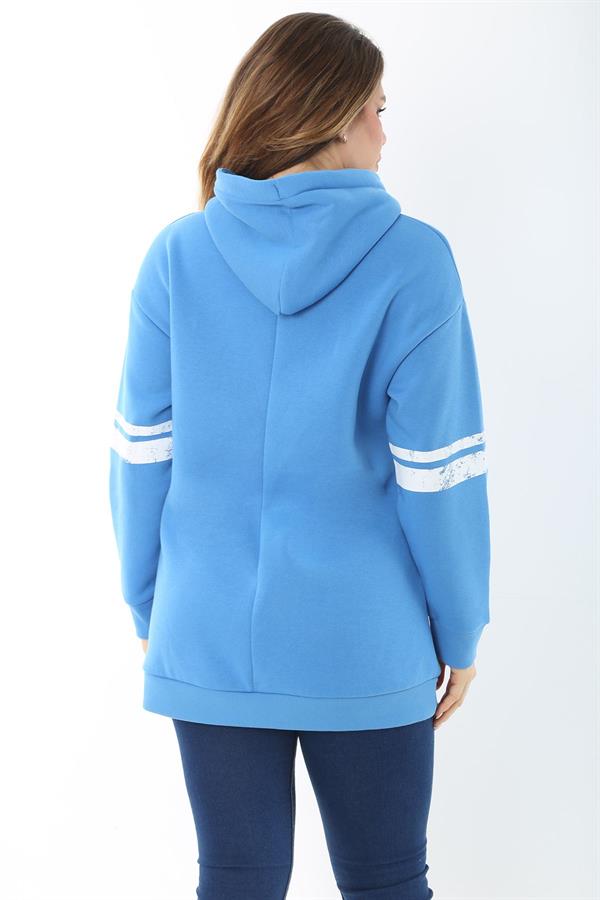 Women's Plus Size Blue Three-Thread Hooded Sweatshirt with Raised Inside 65N37464