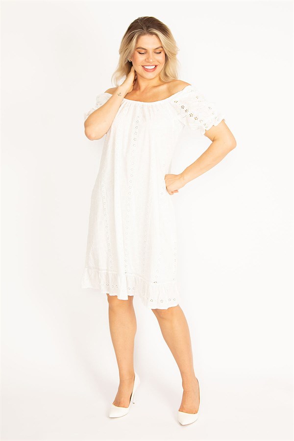 Delikiş Nakışlı Dokuma Viskon Kumaş Astarlı Yaka Ve Kol Ağzı Lastikli Etek Ucu Katlı Elbise