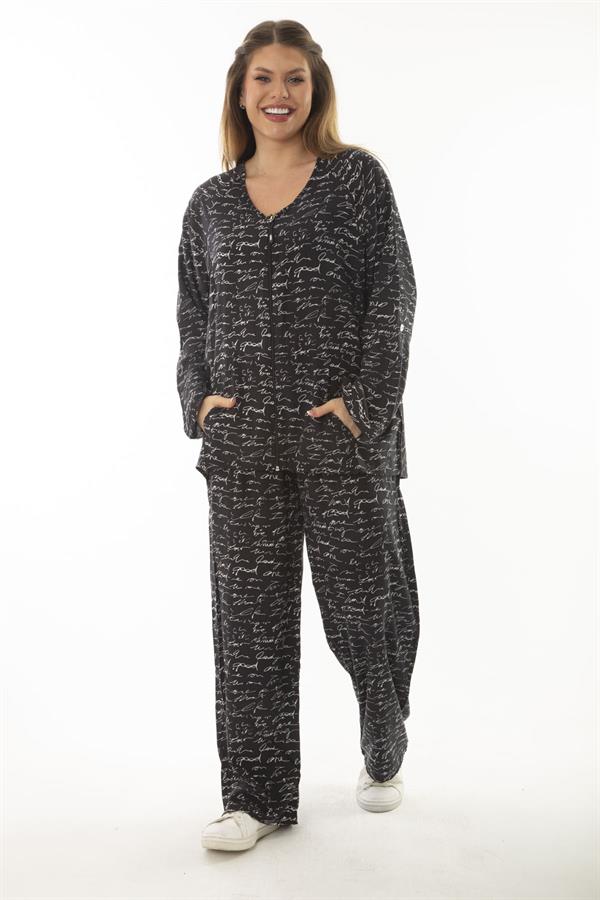 Kadın Büyük Beden Kemik Dokuma Viskon Kumaş Ön Fermuarlı Bluz Pantolon İkili Takım 65N37005