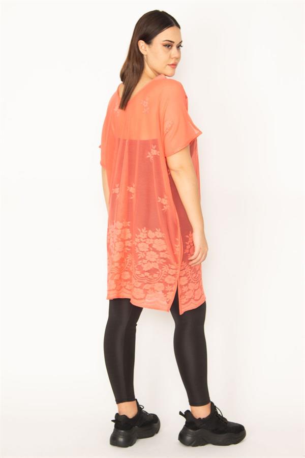 Kadın Büyük Beden Nar Astarsız Dantel Tül Tunik 65N37672