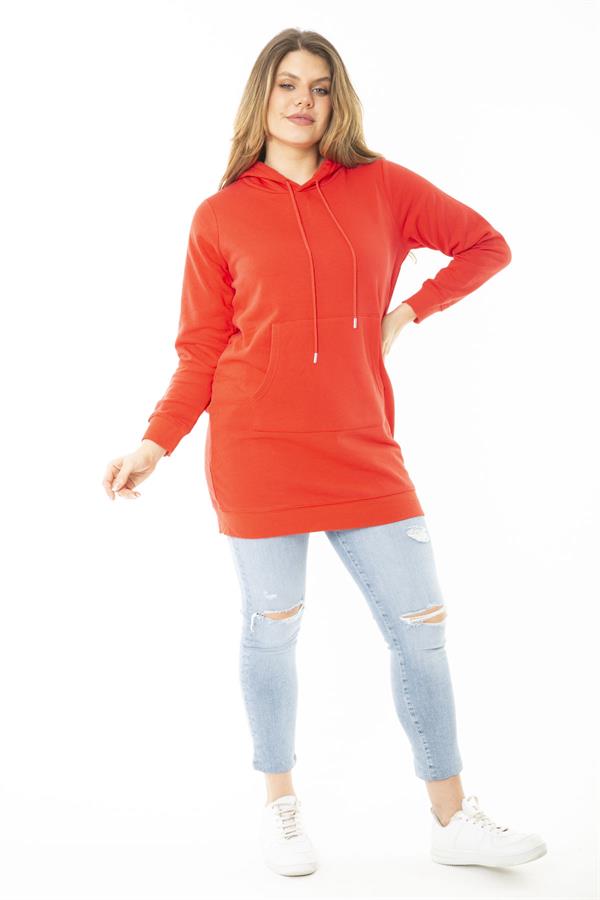 Women's Plus Size Red Double-Thread Hooded Sweatshirt with Raised Inside 65N37160