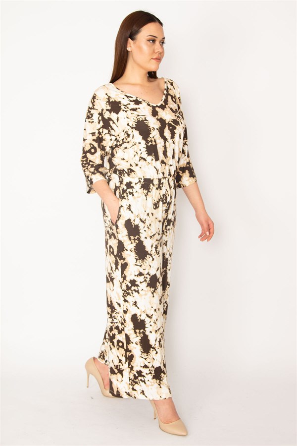 KADIN KAHVE BATİK DESENLİ BEL KISMI LASTİK VE CEP DETAYLI GENİŞ PAÇALI TULUM