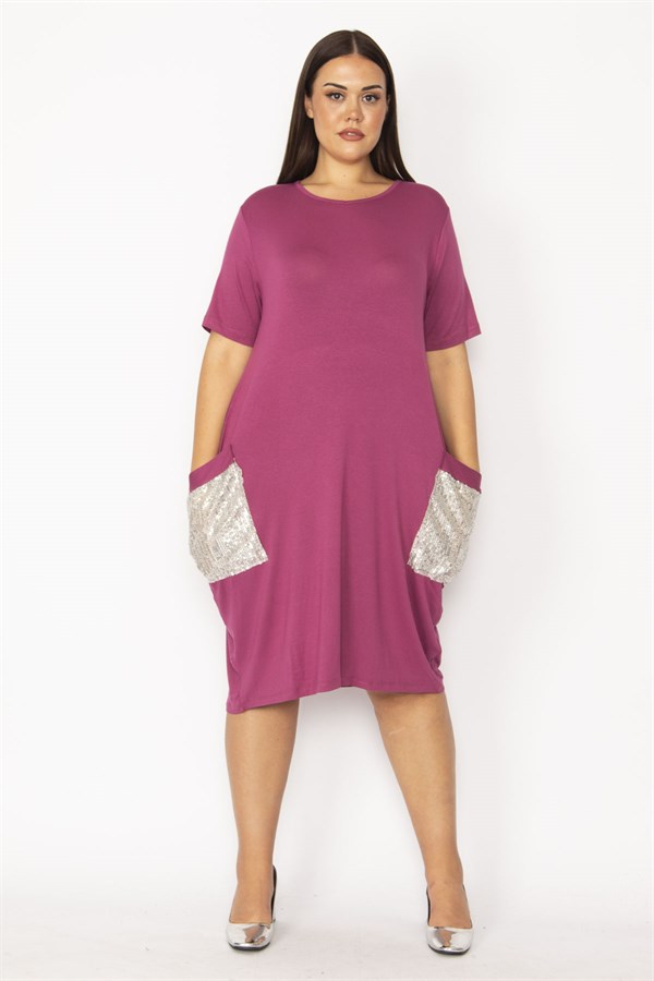 Kadın Bordo Cebi Payet Detaylı Viskon Elbise 65N28931