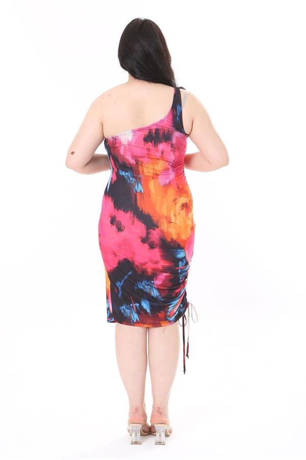 Kadın Büyük Beden Renkli Tek Omuzlu Yan Büzgü Detaylı Elbise 65N37951