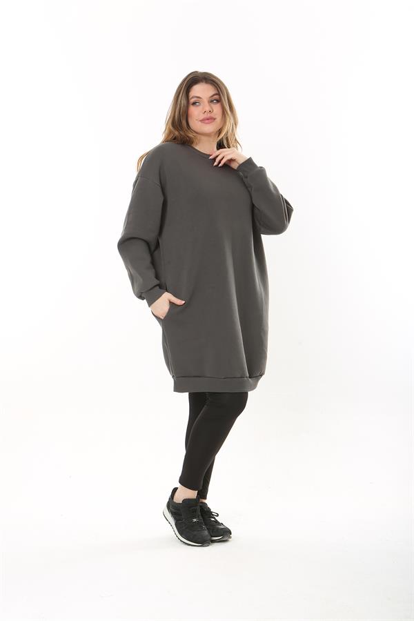 Kadın Büyük Beden Füme İçi Şardonlu 3 İplik Yan Cepli Uzun Sweatshirt 65N37494