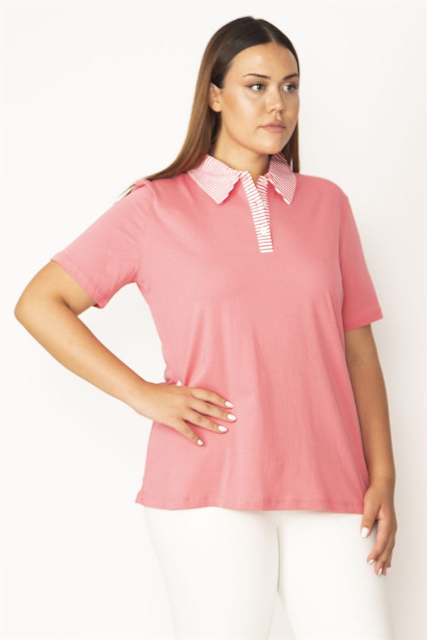 Kadın Pembe Pamuklu Kumaş Polo Yaka Ön Pat Düğmeli  Bluz 65N27823