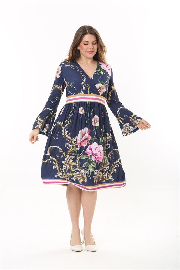 Kadın Büyük Beden Lacivert Anvelop Yakalı Bel Büzgülü Uzun Elbise 65N37550