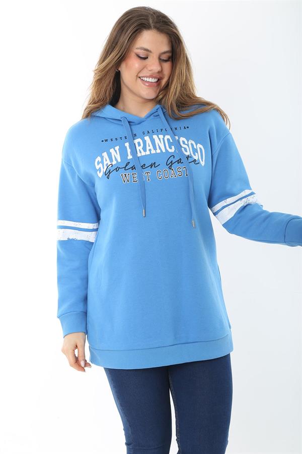 Women's Plus Size Blue Three-Thread Hooded Sweatshirt with Raised Inside 65N37464