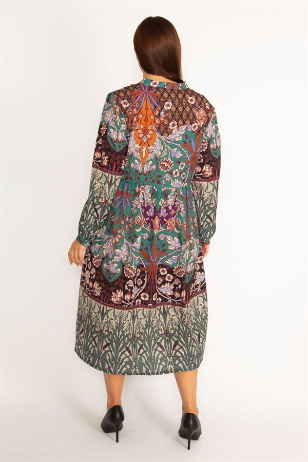 Kadın Renkli Ön Pat Düğmeli Belden Büzgülü Elbise 65N34612