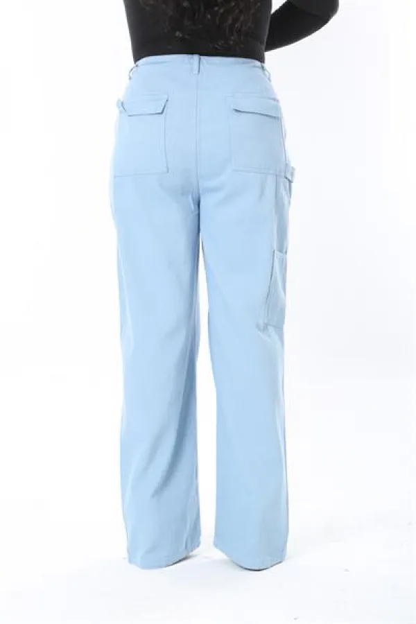 Kadın Büyük Beden Mavi Yüksek Bel Kargo Cepli Geniş Paçalı Kot Pantolon 65N38896