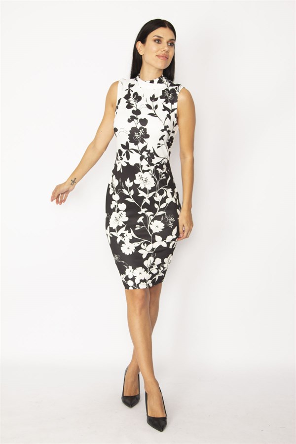 KADIN SİYAH BALIKÇI YAKA ÇİÇEK DESENLİ ELBİSE