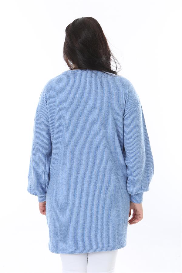 Kadın Büyük Beden Mavi Kendinden Çizgili Uzun Tunik 65N38532