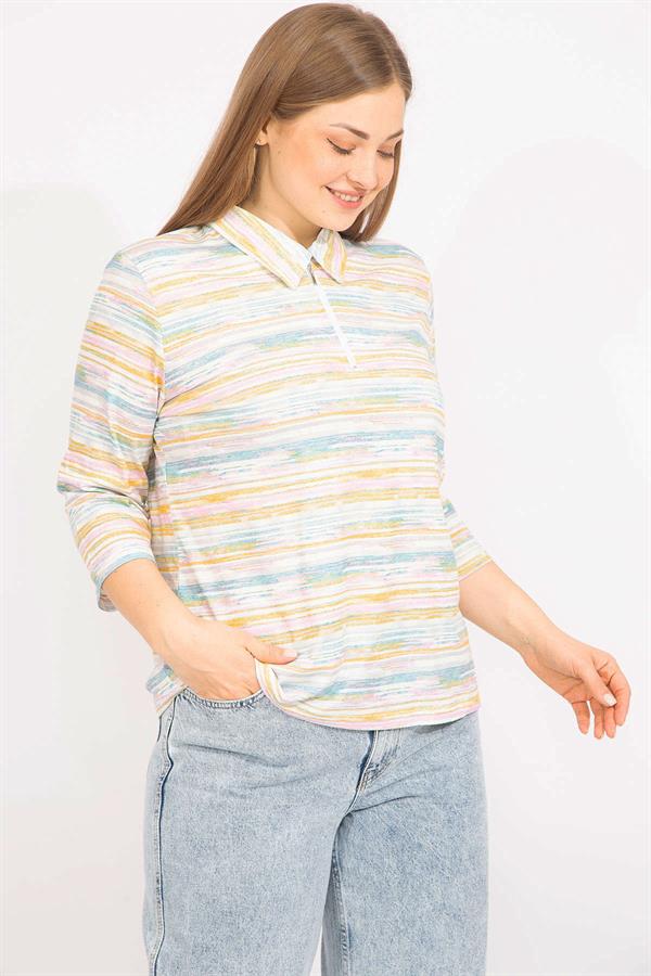 Kadın Renkli Büyük Beden Pamuklu Kumaş Ön Pat Fermuarlı Renkli Bluz 65N35570