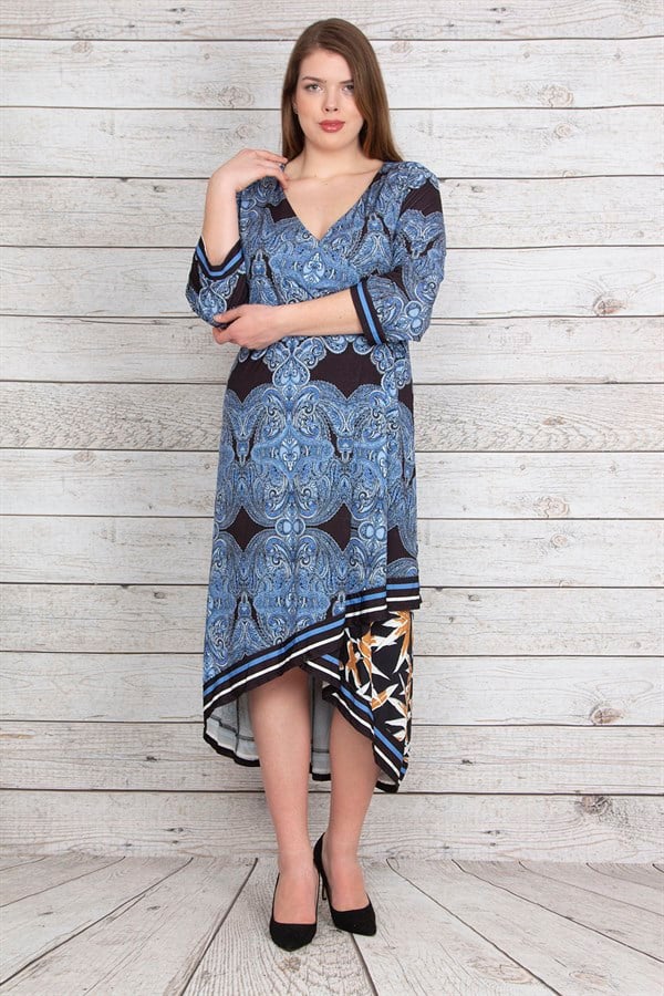 Kadın Mavi Anvelop Yakalı Desenli Uzun Elbise 65N23192