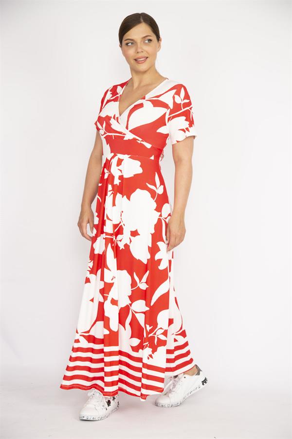 Kadın Kırmızı Büyük Beden Anvelop Yakalı Uzun Elbise