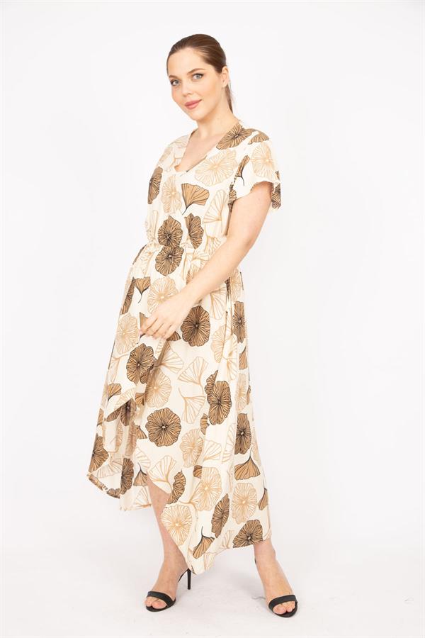 Kadın Bej Büyük Beden Dokuma Viskon Kumaş Eteği Anvelop Beli Lastikli Elbise 65N35832