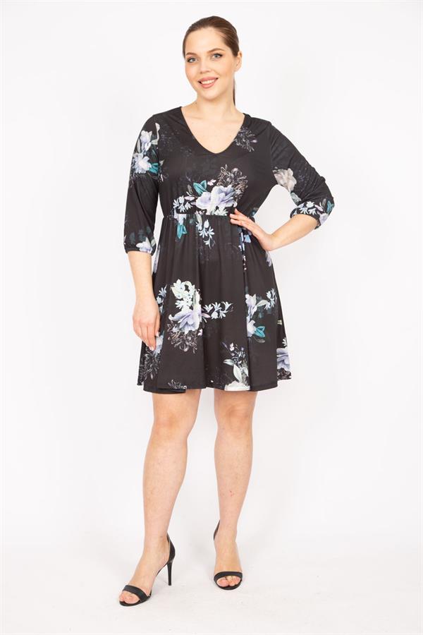 Kadın Siyah V Yakalı Bel Ve Kol Ağzı Lastikli Elbise 26A35828