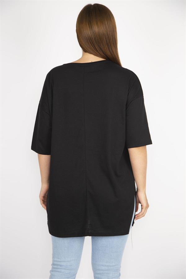 Kadın Büyük Beden Siyah Taş Ve İnci İşli Bisiklet Yakalı Yan Yırtmaçlı Bluz