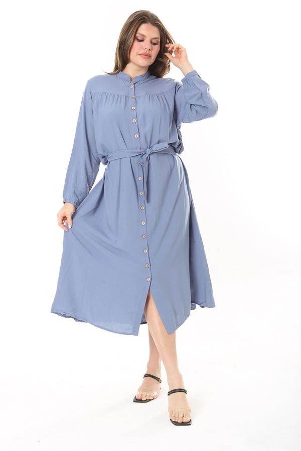 Kadın Lacivert Ön Düğmeli Roba Büzgülü Uzun Kuşaklı Elbise 65N37882
