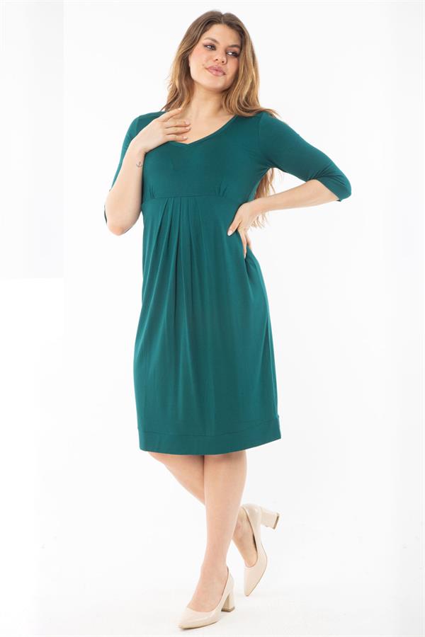 Kadın Büyük Beden Yeşil Büzgü Ve Pile Detaylı Kapri Kollu Elbise 65N37352